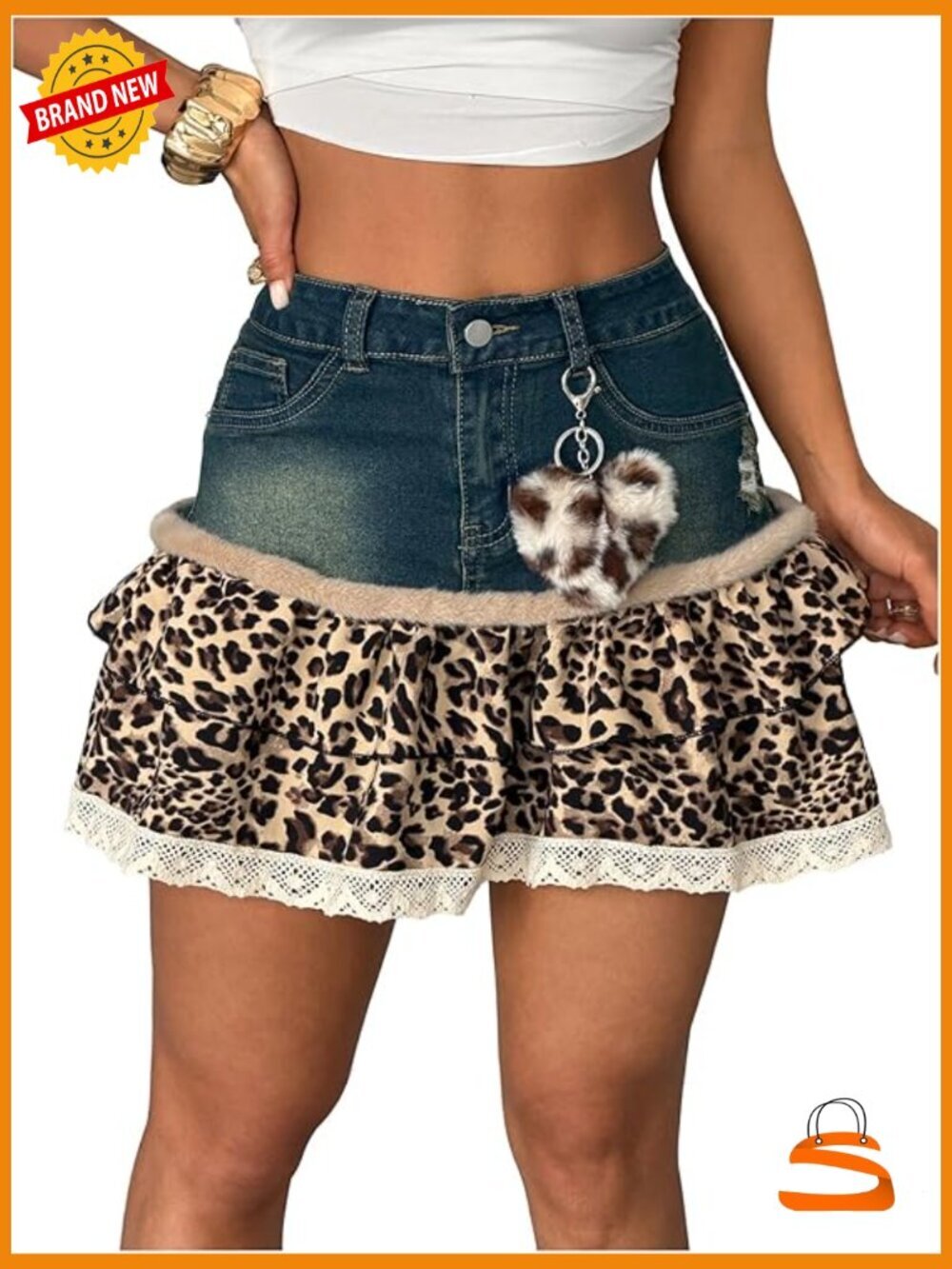 Cheetah Print Denim Mini Skirt Lace Trim Y2K Ruffled Tiered